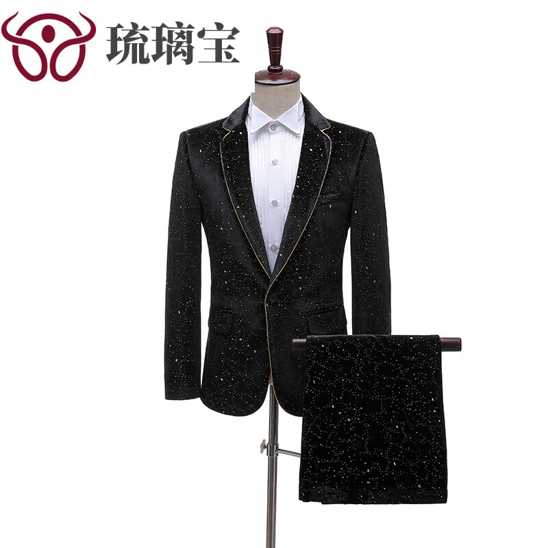 歌鹏金丝绒灯芯绒男士西服套装男西装影楼写真舞台表演礼服平绒 黑色