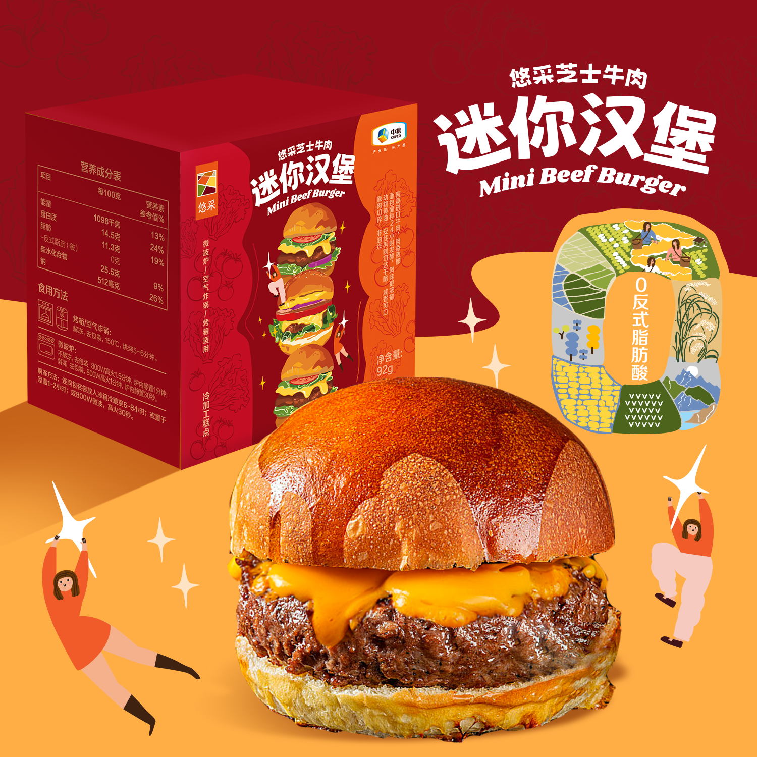 悠采中粮加热即食安格斯芝士牛肉小汉堡 微波半成品儿童可食方便早餐 安格斯牛肉迷你汉堡92g*8个