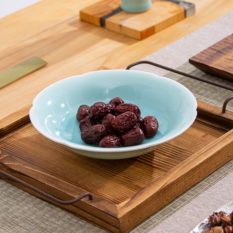 琅宋 龙泉青瓷餐盘 六瓣葵口盘  18cm  高温烧制宋风餐具