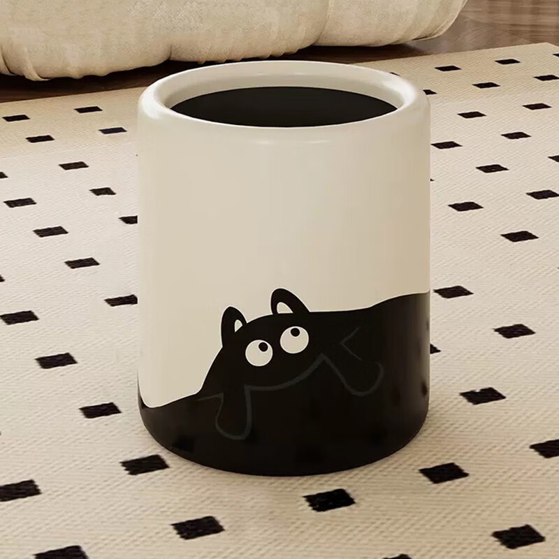 馨苑轻奢奶油甜美风客厅垃圾桶 卧室书房清新双层纸篓 黑猫无盖