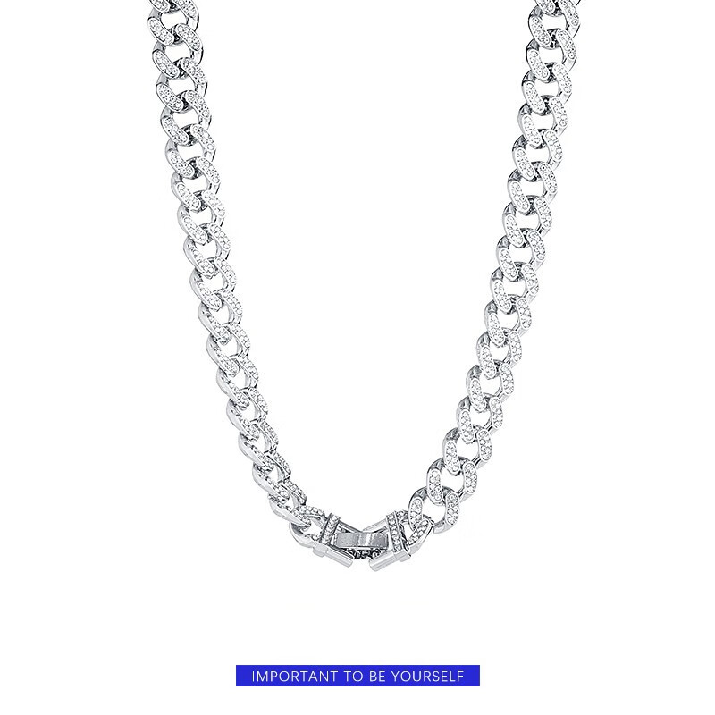 旭杉斯镶钻古巴链满钻项链男潮ins嘻哈钛钢男锁骨链欧美霸气 潮人学生