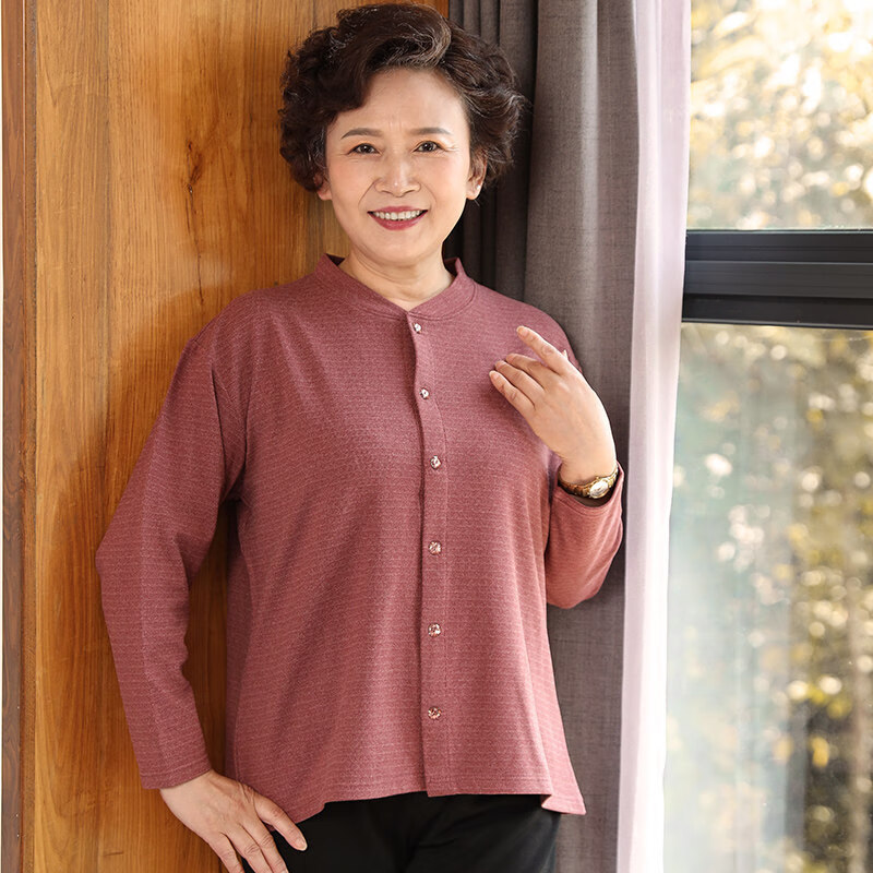 开衫磨毛室内薄款保暖秋衣上开襟衣奶奶老年人大码宽松妈妈女士 葡萄