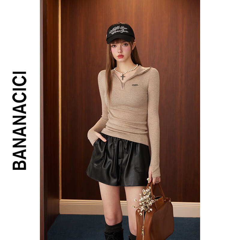 banana cici2024年秋季新款复古运动百搭羊毛套头连帽针织衫上衣C243MY105 浅咖啡色 S