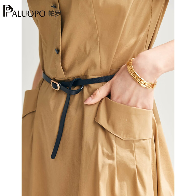 帕罗（PALUOPO）连衣裙短袖衬衫领中长款夏季气质显瘦棉混纺百搭女装新款 卡其 L (165/88A)