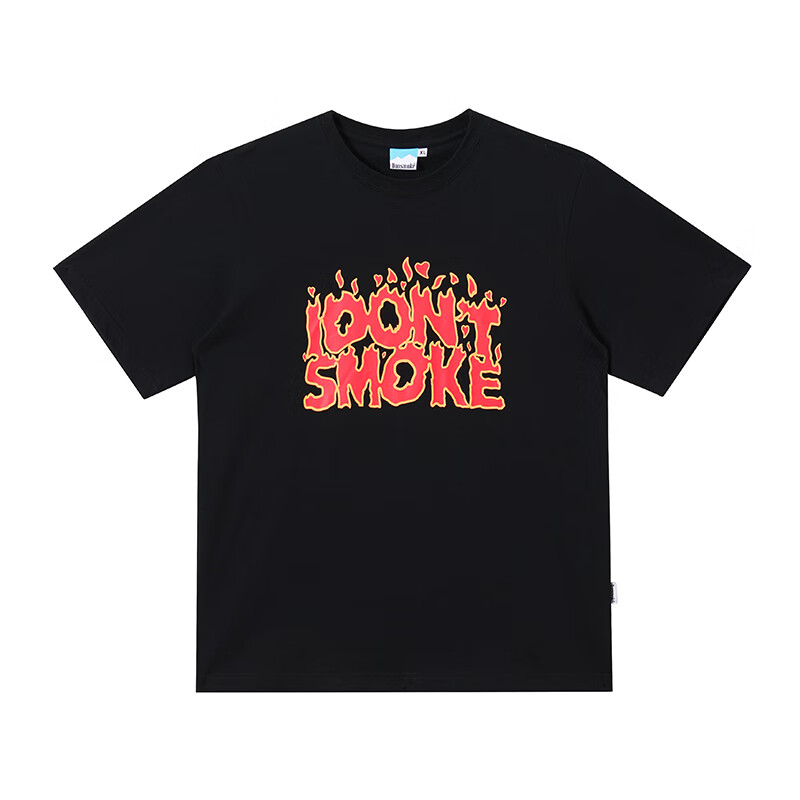 人】美式街头嘻哈火焰大logo宽松休闲短袖t恤 黑色实物颜色参考详情页