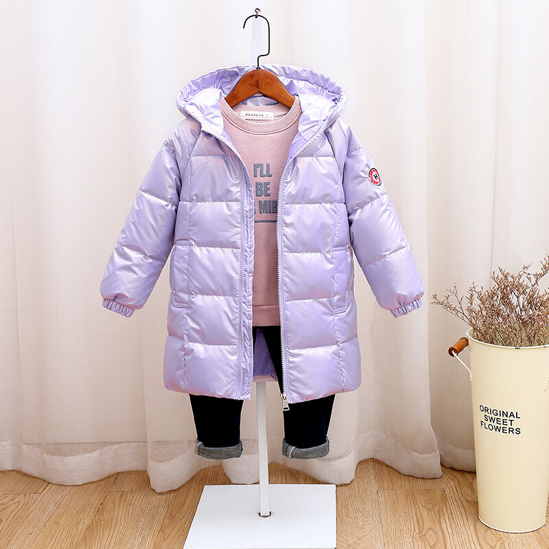 乔僖枫反季2023新款儿童羽绒服中长款女宝宝加厚连帽小孩冬季炫彩亮面