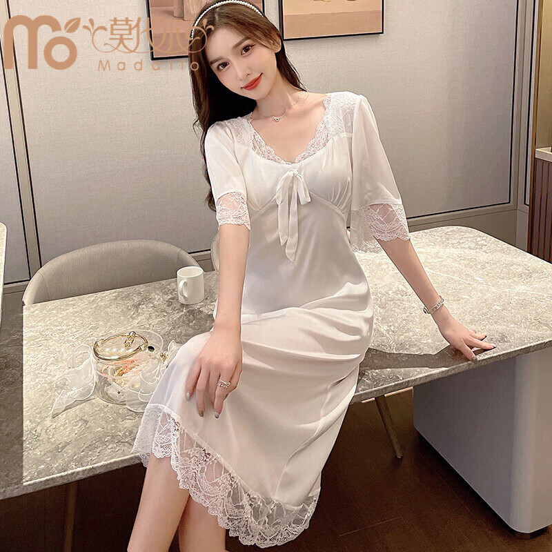 女士蕾丝睡衣春秋季冰丝长款连体睡裙薄款带胸垫可外穿家居服 白色 m