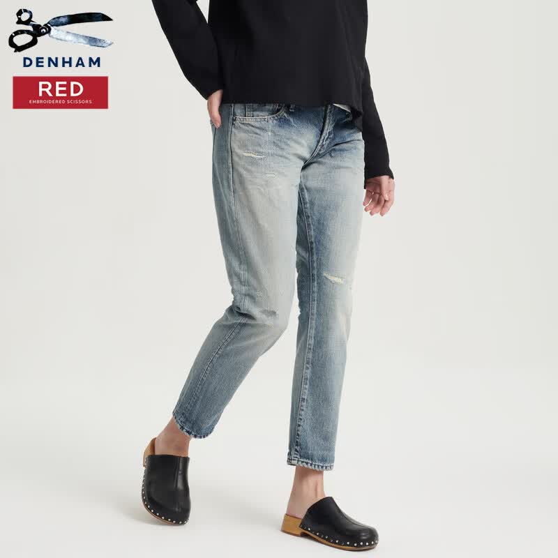 denham经典日本制蓝色水洗磨白破洞宽松剪刀牛仔裤monroe 蓝色 28裤长