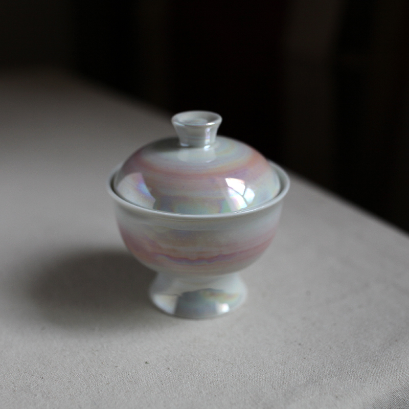 丰陶张生 手作迷你日式和风珍珠釉高脚盖碗带盖日本料理陶瓷高台珍味