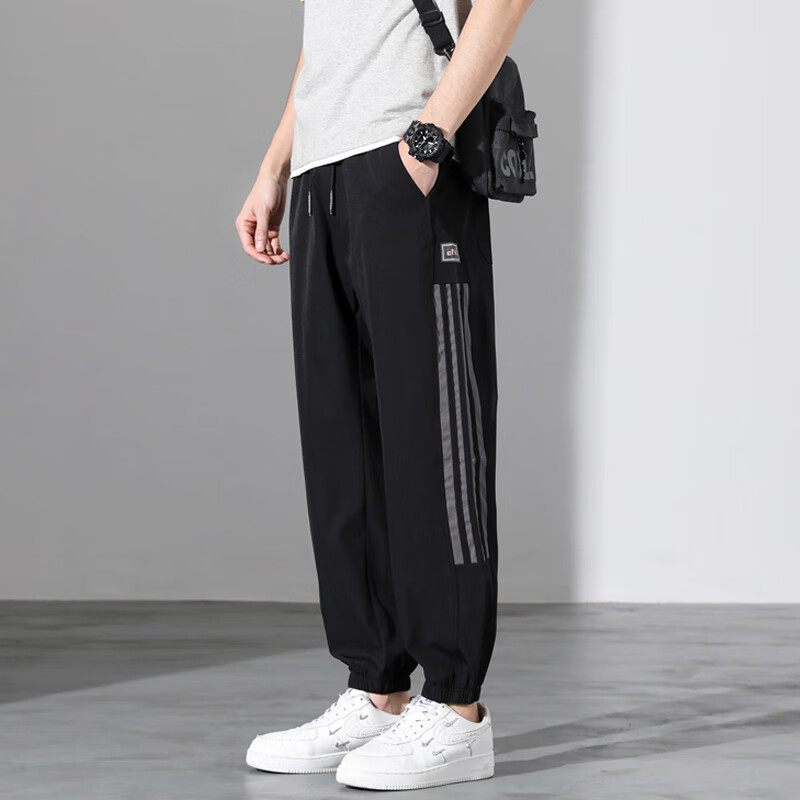 胖子大码休闲裤子男冰丝士夏季薄款宽松速干运动库 黑色 l 100-120斤