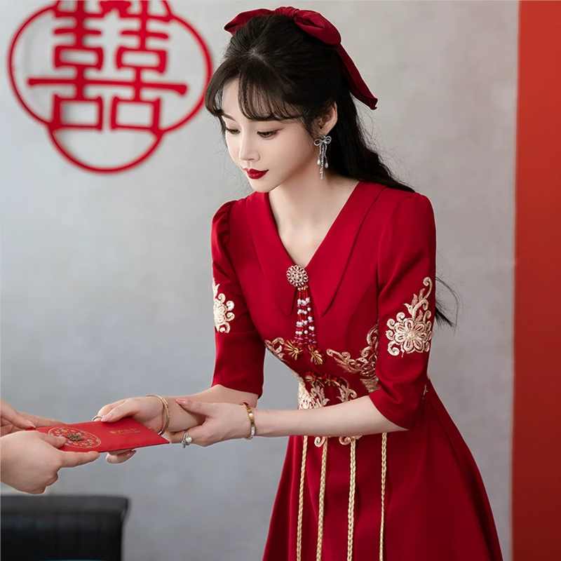 塞德勒中式敬酒服新娘酒红色结婚回门晚礼服女平时可穿显瘦 酒红色 XXL (建议126-135斤)