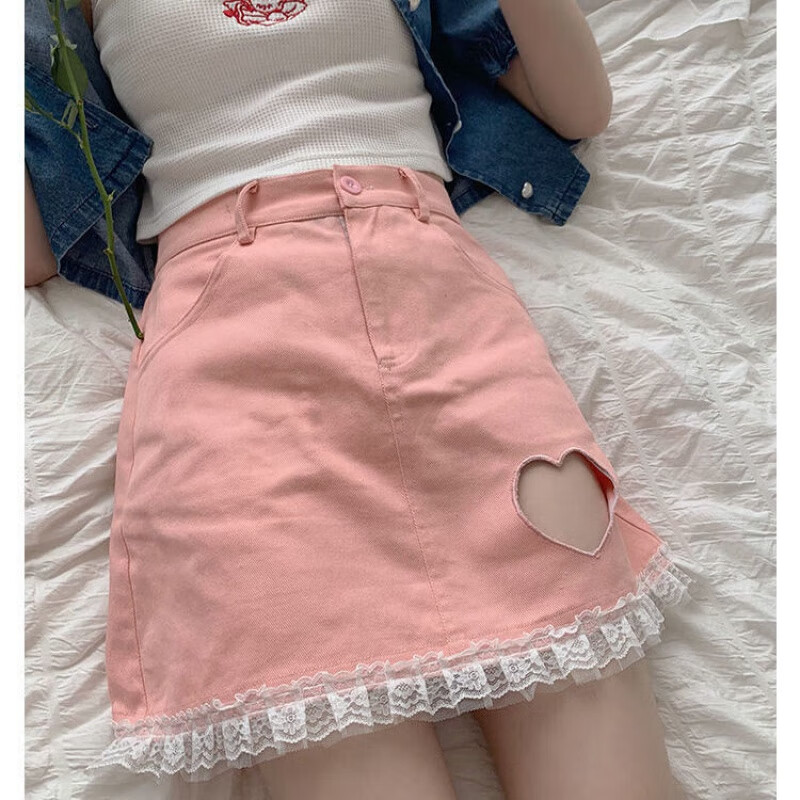 蕾丝爱心镂空牛仔半身裙女夏季宽松韩版高腰显瘦a字短裙学生 粉色镂空
