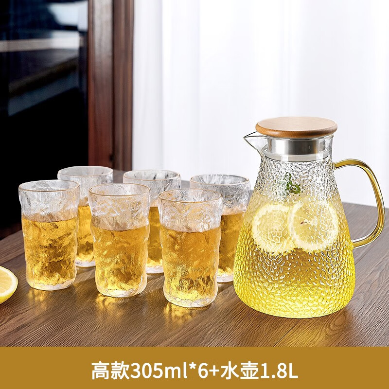 青苹果 日式玻璃杯家用水杯加厚冰川杯套装 【高款冰川杯*6+锤纹壶1800ML】怎么看?