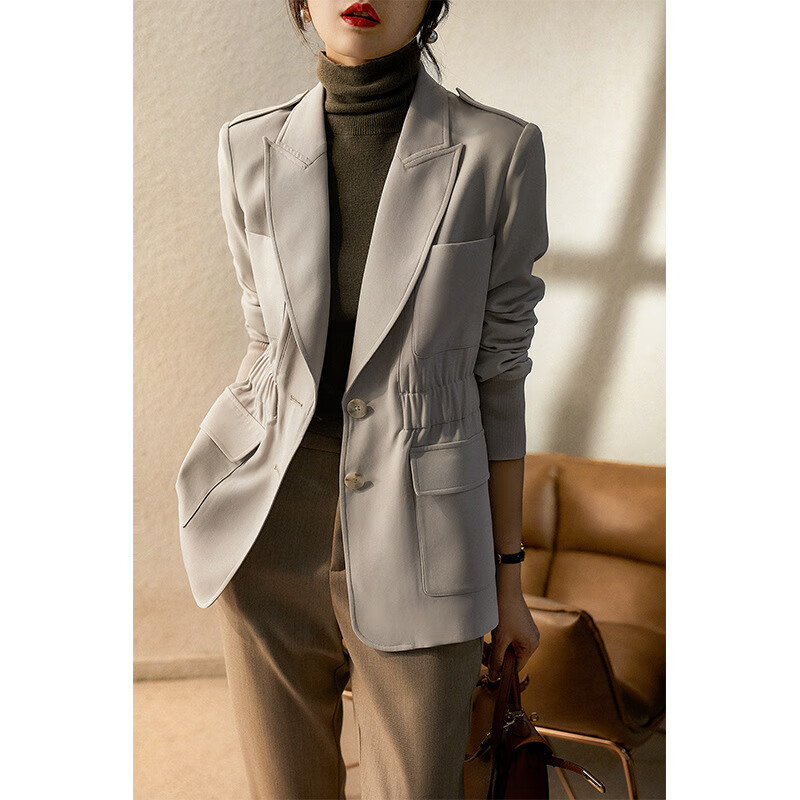 tvaj气质百搭开衫女装2024春装新款仿醋酸料收腰两粒扣西装领西装外套