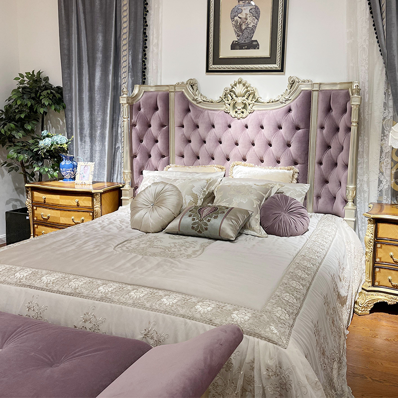 欧界金其利家具意式奢华实木双人床主卧法式别墅紫色高档布艺软包床