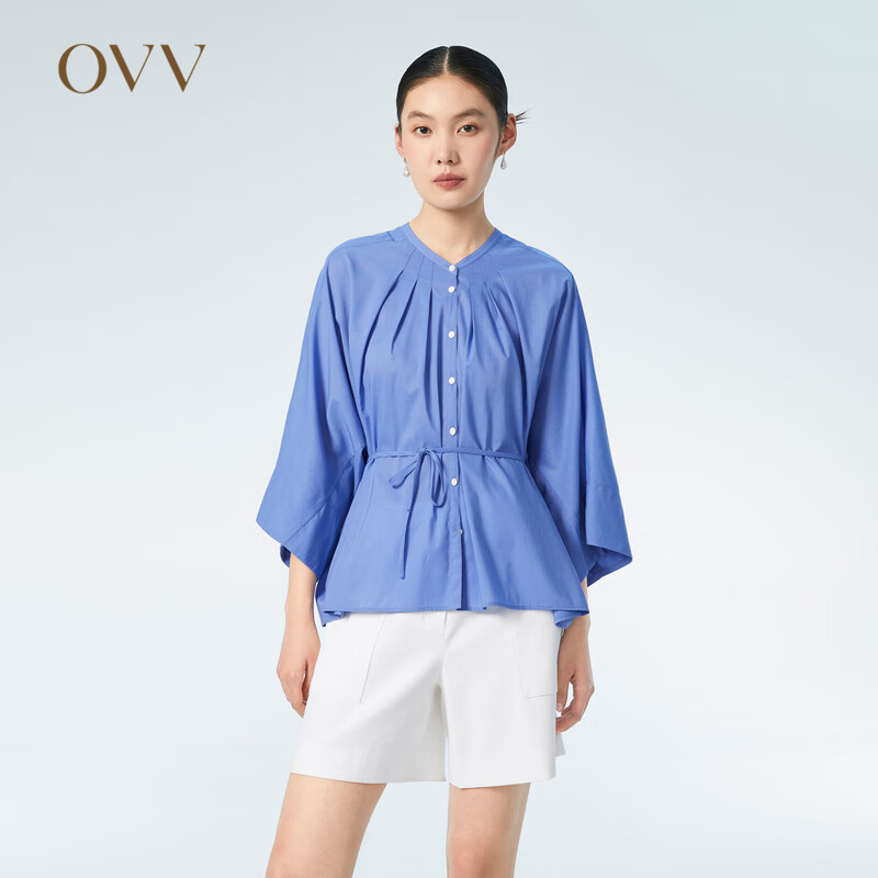 OVV2023春夏新款女装舒适柔软宽松版型V领随附腰带长袖休闲衬衫 紫蓝(净色)07 M