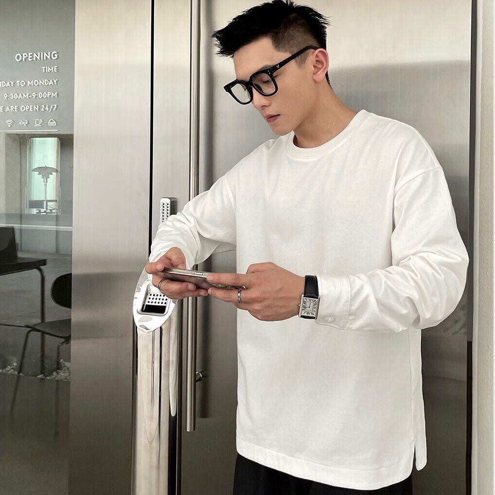 wait await春秋圆领上衣叠穿内衬男打底衫ti恤春秋款士纯色长1袖t恤