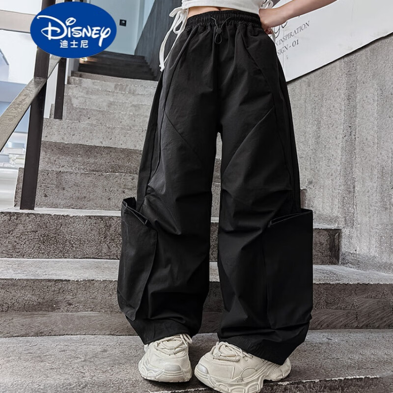迪士尼（Disney）儿童爵士舞工装裤夏季2024新款炸街时尚嘻哈服女童街舞潮酷两件套 黑裤子 160cm