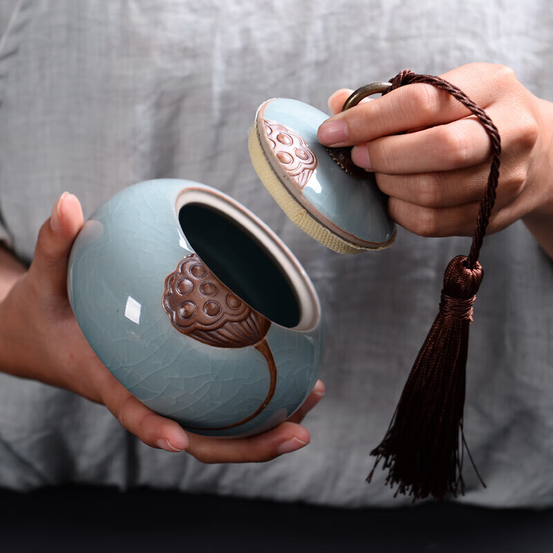MPPMCK哥窑紫砂密封茶叶罐陶瓷茶盒茶仓旅行储物罐普洱罐存茶罐茶具 红釉小乔人家茶叶罐800ML