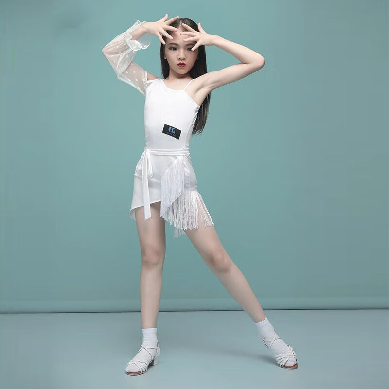 拉丁舞服装女童舞蹈服六一儿童表演出服连体中小学生比赛考级 白色