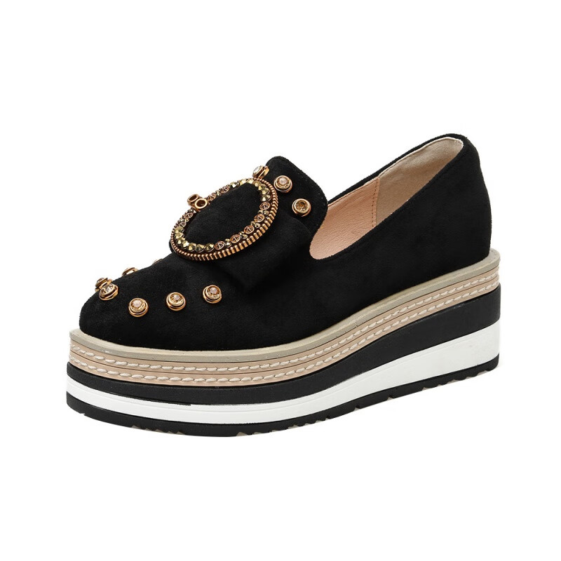 卡慕洛秋季新款水钻条纹厚底松糕鞋女圆头金属扣坡跟单鞋增高英伦风