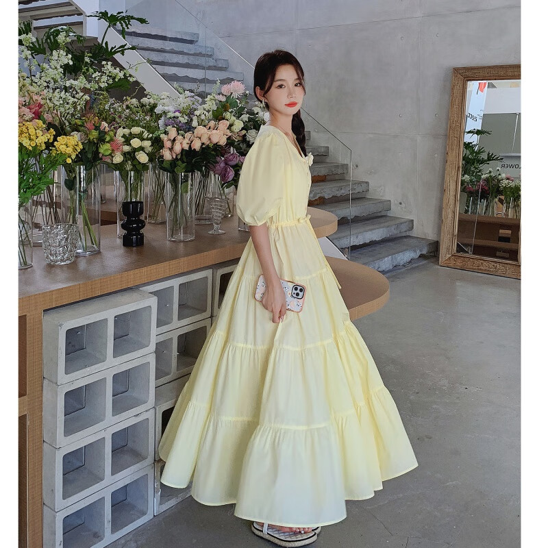 圣琪朵高个子长款连衣裙到脚踝夏天新款过超长裙脚踝女生夏季黄色高