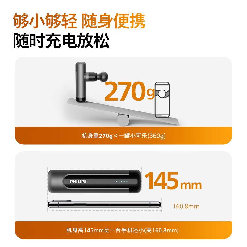 飞利浦(PHILIPS)筋膜枪按摩器 轻量便携迷你筋膜枪 运动健身肌肉放松捶打筋膜枪按摩仪 节日送男女友家人礼物3105G 灰色
