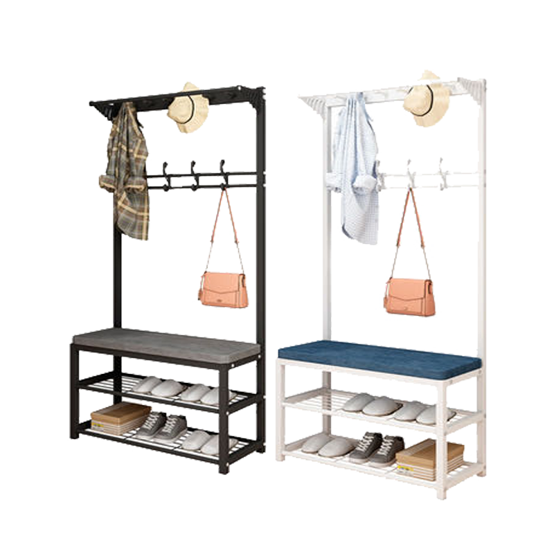 鞋柜 鞋凳进门 鞋凳式鞋柜 家用一体进门口衣帽架小型玄关可坐鞋柜软包坐垫鞋架 多功能换鞋凳挂衣架 80CM鞋凳+衣帽架款-经典黑