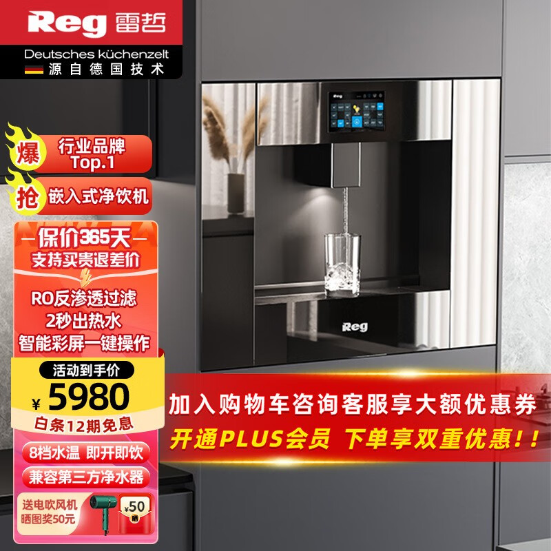 雷哲(Reg) V200嵌入式饮水机RO反渗透净水器家用即热式直饮机智能彩屏操作界面净饮一体机 V200嵌入式饮水机