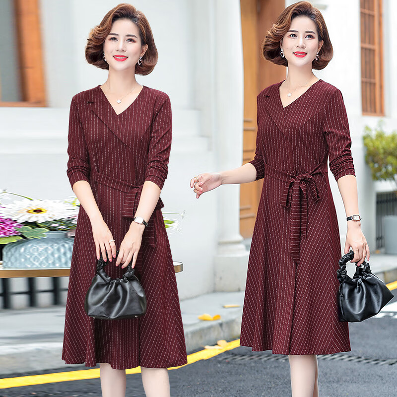 春秋季中年妇女长袖连衣裙中年妈妈装四五十岁中老年条纹连衣裙 红条