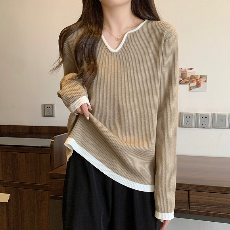 梵诗哲品牌长袖t恤女2024春秋薄款修身显瘦v领针织衫上衣韩版百搭女士
