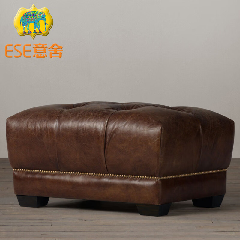 意舍美式脚踏沙发脚踏复古真皮脚凳真皮布艺小脚踏客厅实木放脚蹬