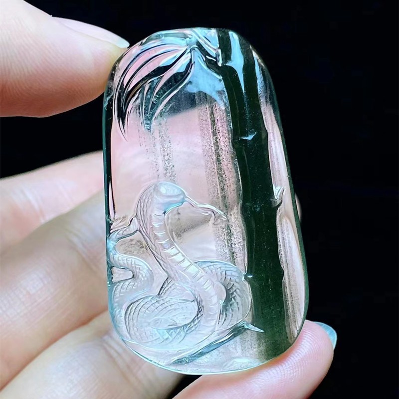 糜鸿(miehone)水晶 绿幽灵蛇吊坠幽灵俏色巧雕竹节颜色墨绿晶体通透