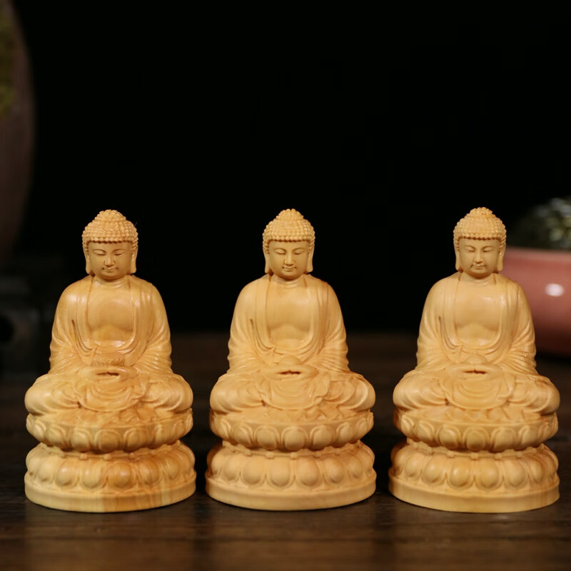 小叶黄杨木雕佛堂摆件实木佛牌药师佛释迦摩尼阿弥陀佛三宝佛 三宝佛