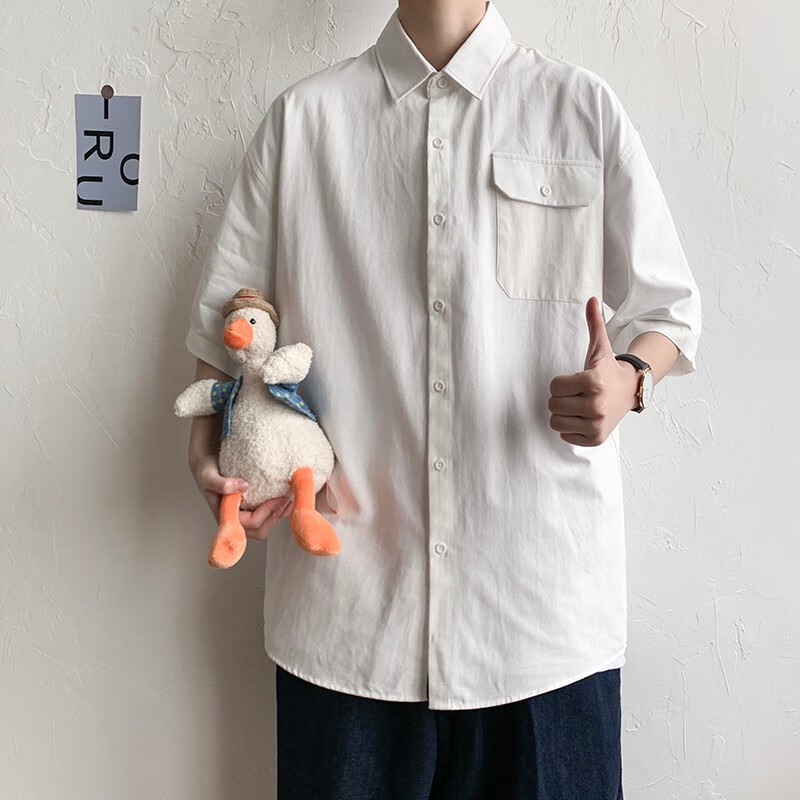 方少风港风复古衬衫男年夏新款短袖衬衣宽松休闲工装外套 白色 m