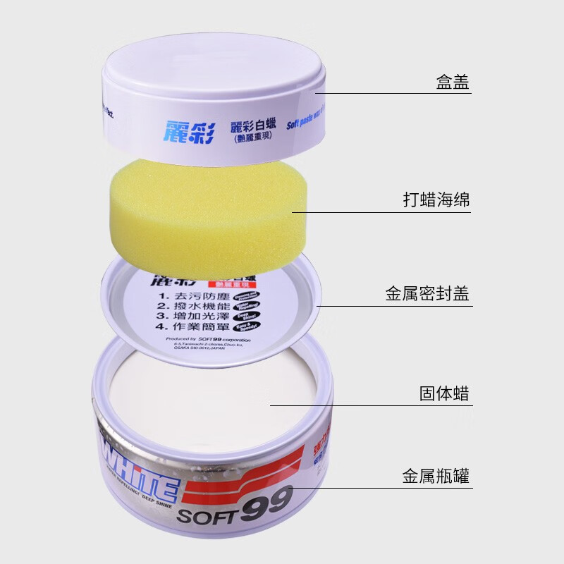 SOFT99汽车蜡抛光养护蜡日本进口 丽彩黑白蜡车漆打蜡去污防划痕上光蜡 白蜡 白色/浅色车用350g