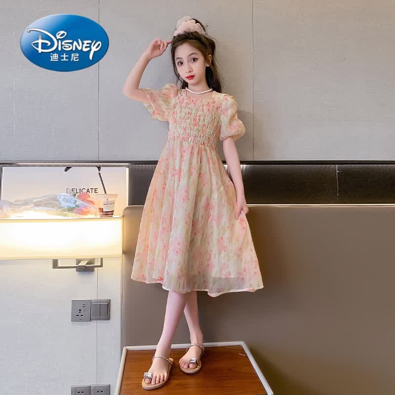 迪士尼(disney)大女童夏装连衣裙女孩洋气夏款儿童装雪纺碎花公主裙子