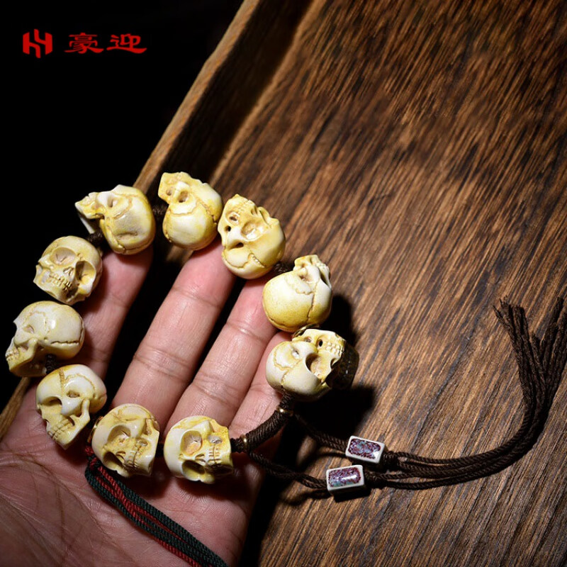 豪迎 天然老料鹿角盘雕刻骷髅头手串 鹿角尸陀林主佛珠女男款手链 24*
