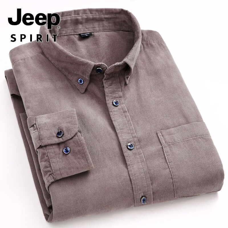 Jeep吉普秋季纯棉灯芯绒衬衫男士长袖休闲全棉衬衣青年中年大码爸爸装 纯棉灯芯绒-纯黑 41码 建议150-155斤