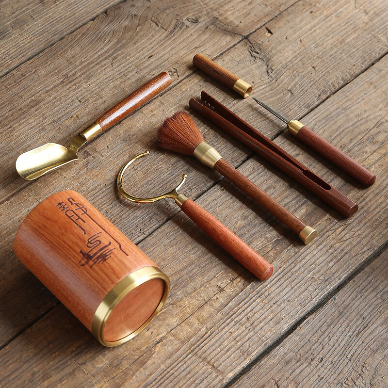 青天问月黑檀木茶道六君子花梨木茶夹茶勺茶刀泡茶工具茶具配件 年年有余-四方六君子