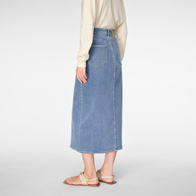 OVV2024春夏新款女装意大利进口面料简约A字开衩牛仔半身裙 蓝灰(净色)24 M