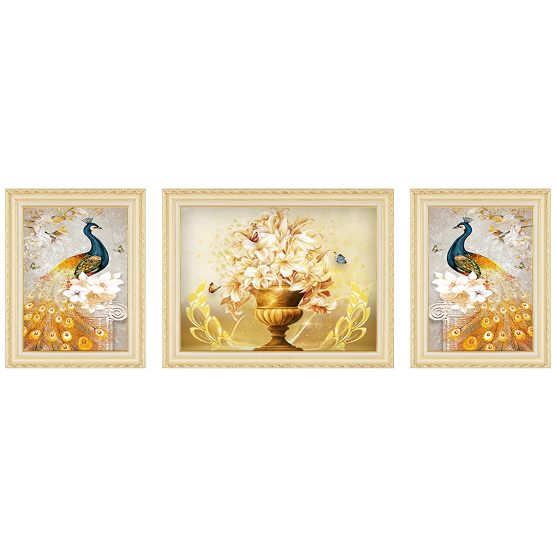 心泊  欧式客厅装饰画沙发背景墙挂画美式复古壁画仿油画三联孔雀 时尚欧式黄框 两侧55X70-中间90X70cm