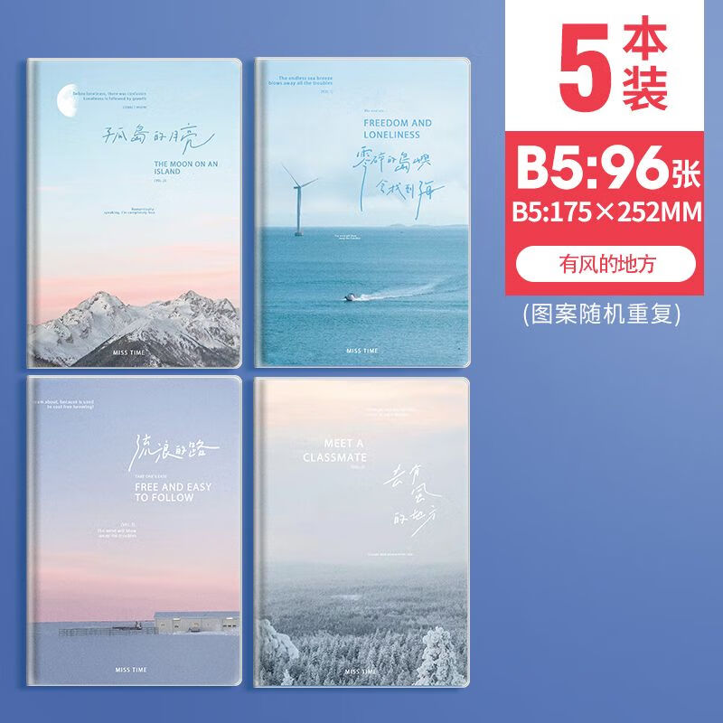 b5加厚胶套笔记本子A5胶套本初高中生笔记本ins风记事本学生用日 5本装B5【有风的地方】96张/192页