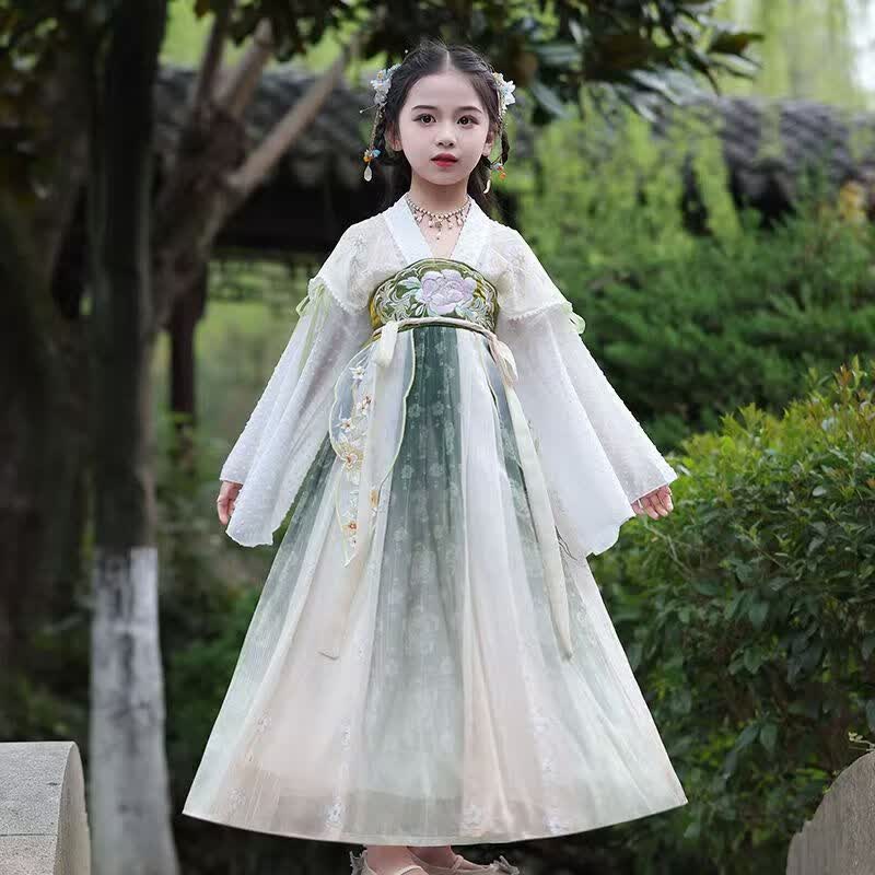 九虞氏女童汉服连衣裙襦裙儿童汉服童装夏季中国风中大童唐装公主裙 清合如故绿 170 (适合153-162cm)