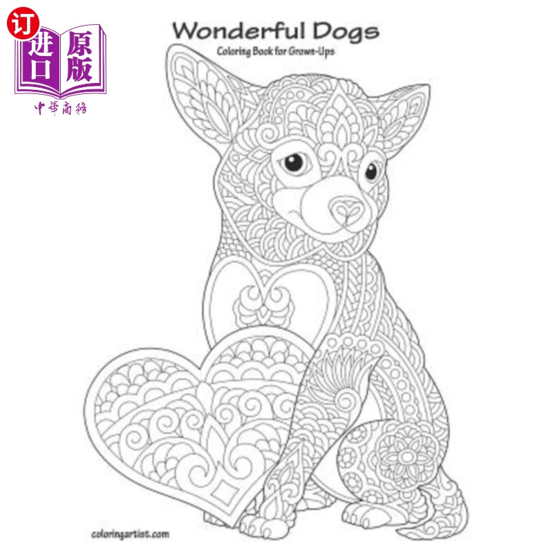 海外直订wonderful dogs coloring book for grown-ups 为成年人准备