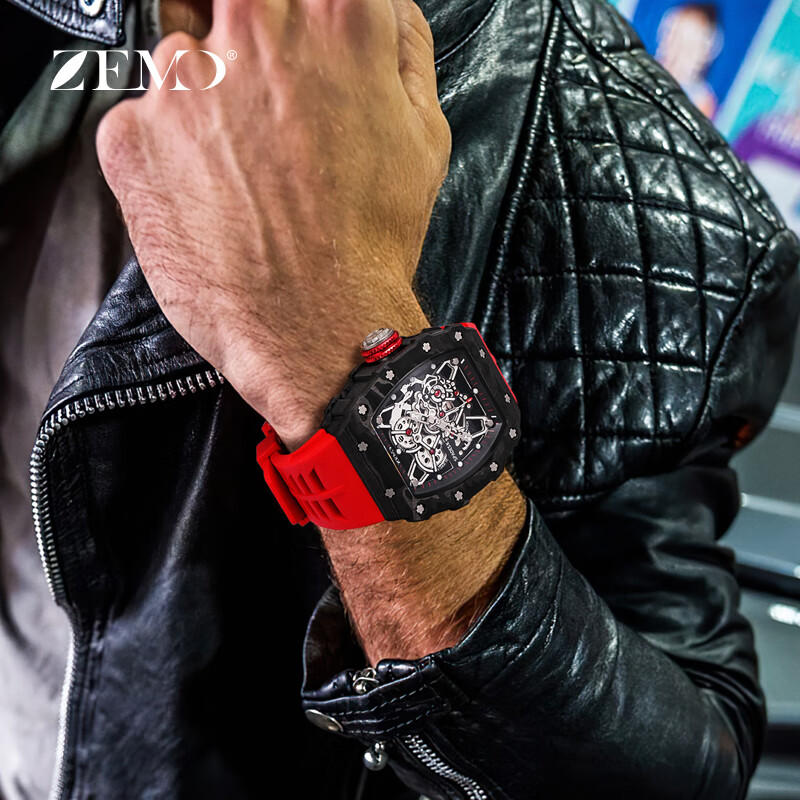 ZEMO男士手表十大品牌查理德镂空全自动机械表瑞士米勒轻奢防水名表男 酷黑橡胶带 超轻耐磨碳纤维