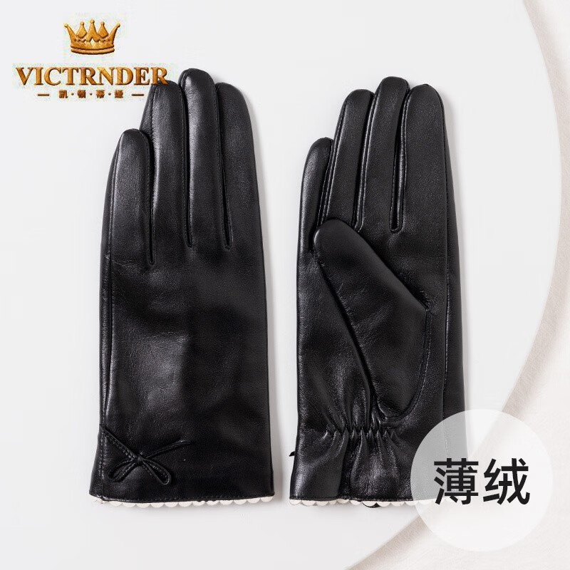 victrnder轻奢品牌真皮手套女冬季保暖薄款修手山羊皮蝴蝶结开车骑行