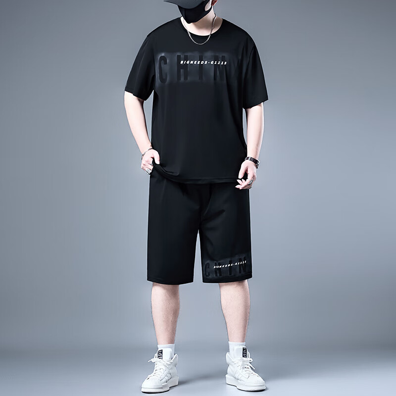 建功胖子短衣短裤一套穿搭冰丝短袖t恤男加肥加大夏天薄款胖子潮流休