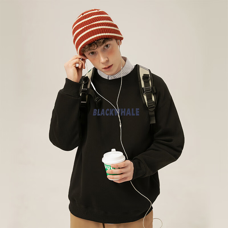 黑鲸海澜之家旗下潮牌卫衣秋冬季百搭圆领加绒加厚打底衫男 黑色 2XL