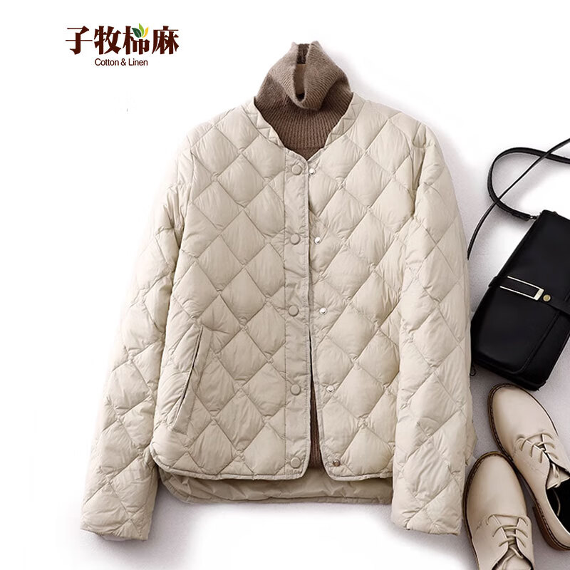子牧棉麻2024秋冬装 女轻薄款棉服圆领短款时尚菱形格外套1508 杏色 XL(建议125-140斤) 京东折扣/优惠券